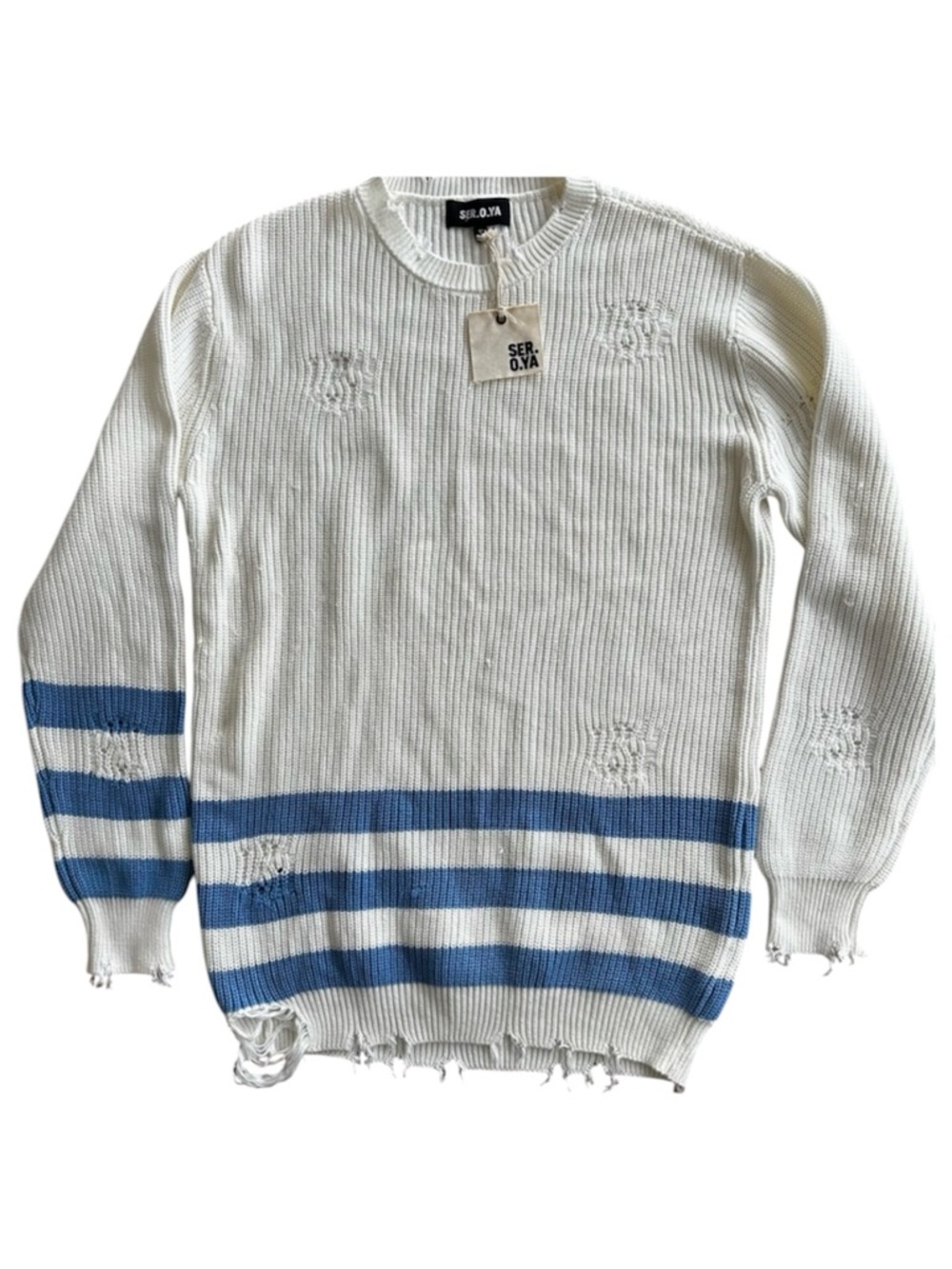 SER.O.YA Women's Distressed Sweater in White with Blue Stripes | Size Medium